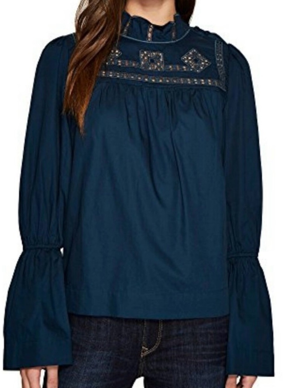 Free People Teal Lace Yoke Ruffle Neck Long-Sleeve Blouse size small 0117